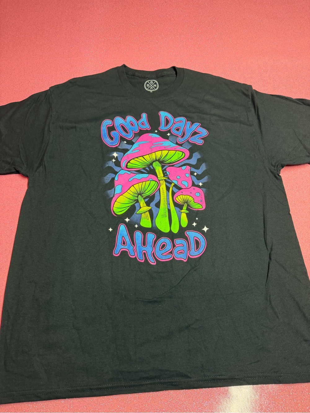 Dominique Black Tee with Neon Pink & Green Mushroom Graphic